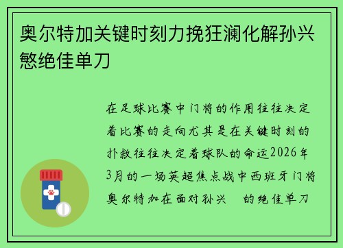 奥尔特加关键时刻力挽狂澜化解孙兴慜绝佳单刀 奥尔特加关键时刻力挽狂澜化解孙兴慜绝佳单刀