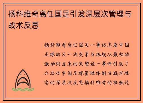 扬科维奇离任国足引发深层次管理与战术反思